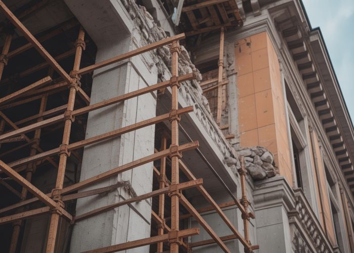 Steel shoring system supporting a damaged building to prevent further collapse.