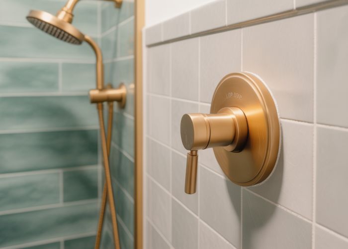 Close-up of a shower diverter valve and handle, showing a comfortable height for operation in a modern bathroom.