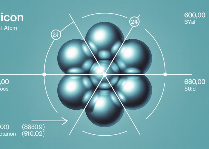 Illustration showing a silicon atom with protons, neutrons, and electrons labeled. A chart displays the relative abundance and mass of silicon's common isotopes (Si-28, Si-29, Si-30).