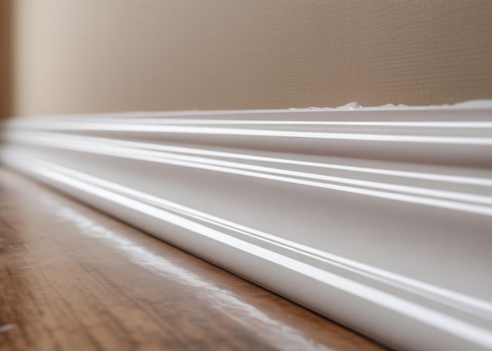 Close-up of a cleanly sealed baseboard using white silicone caulk.