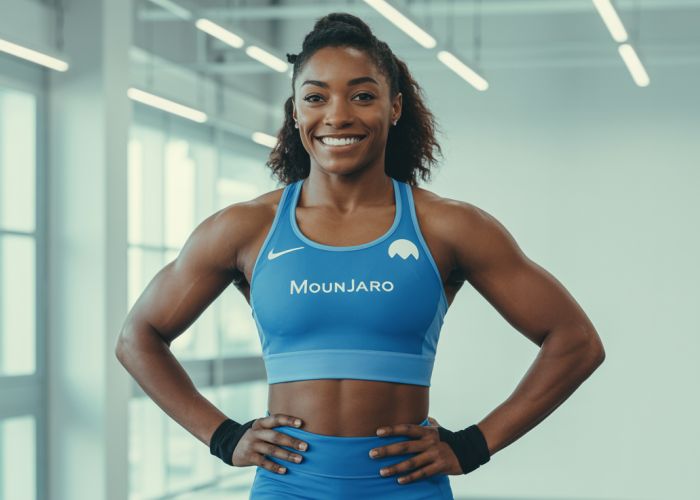 Simone Biles smiling confidently in workout gear, featuring Mounjaro branding.