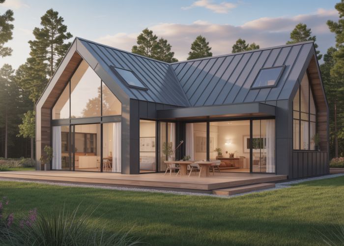 Modern home built with SIPS (Structural Insulated Panels) for energy efficiency, showcasing sustainable design.