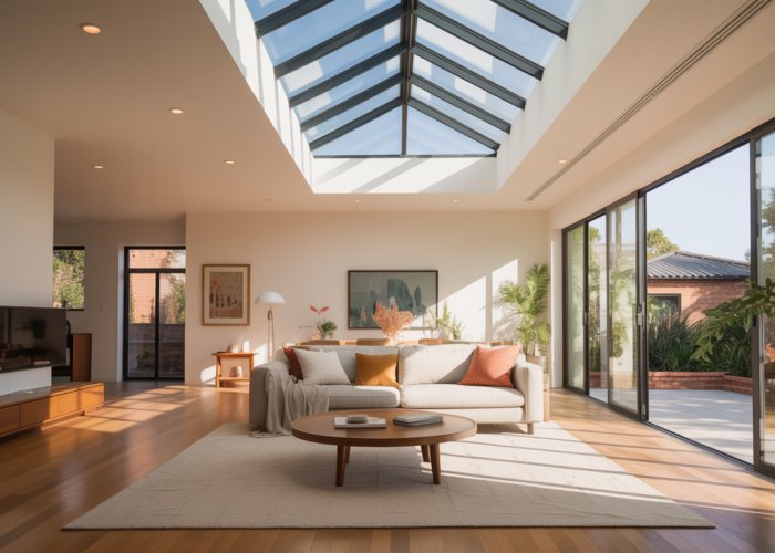 Bright, airy living room with natural light from a modern skylight. The image showcases the cost-effective benefits of adding a skylight, emphasizing natural light and spacious design.