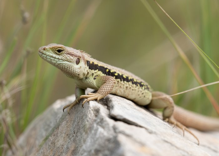 Close-up of a small Texas lizard on a rock, showcasing its scales and colors.