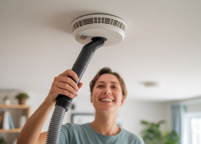 Person dusting smoke detector with vacuum cleaner