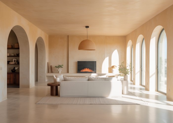 Modern living room with smooth, light-reflecting plaster walls.