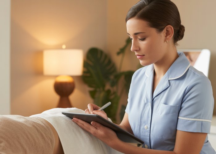 Massage therapist writing SOAP notes on a client's chart after a massage session.