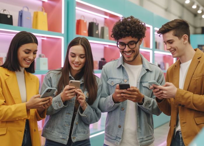 Group of friends enjoying social shopping together in a pop-up shop, browsing on their phones.