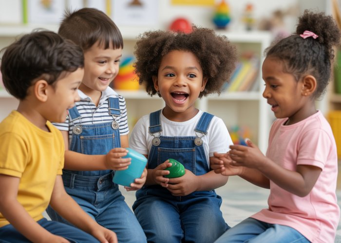Diverse group of children engaged in sociodramatic play, collaborating and laughing.