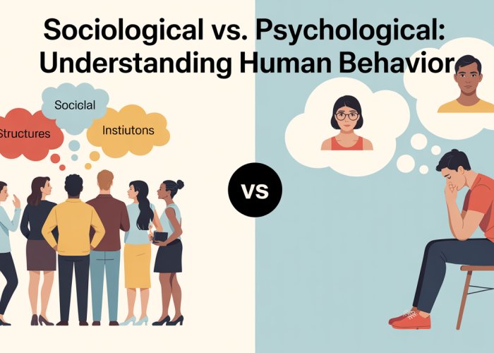 Comparison of sociological and psychological perspectives on human behavior, showing a group dynamic versus an individual's inner thoughts.