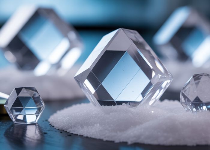 Close-up of translucent sodium aluminum sulfate crystals with geometric shapes.