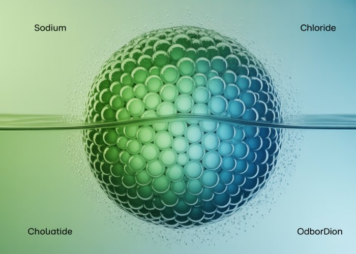 Illustration of sodium chloride (NaCl) ions in solution, showing Na+ and Cl- ions surrounded by water molecules.