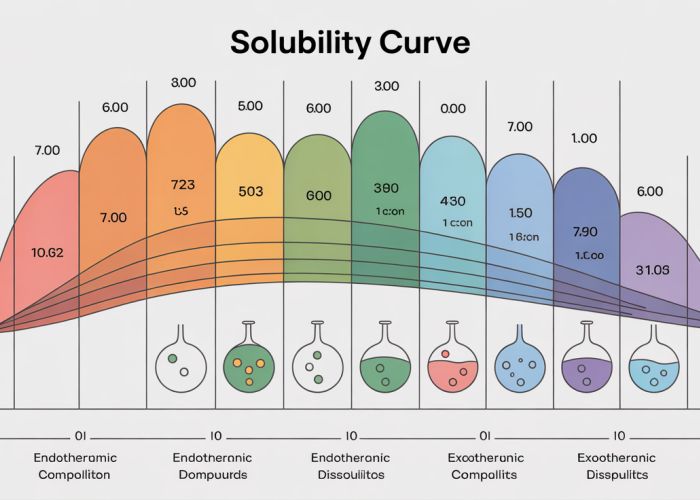 Solubility curve graph showing temperature vs. solubility for different ionic compounds, illustrating the concept of solubility in chemistry.