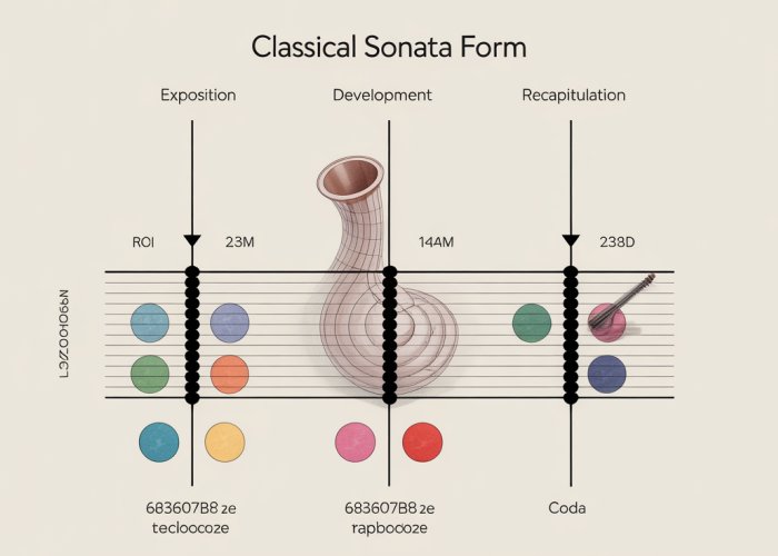 Diagram illustrating the structure of classical sonata form: exposition, development, recapitulation, and coda.