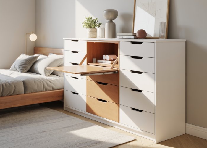 Modern white space-saving dresser with fold-down desk in a minimalist bedroom.