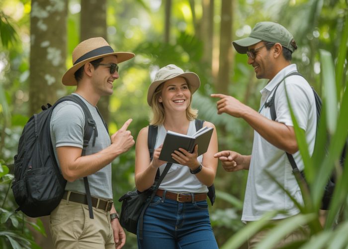 Tourists in Costa Rican jungle using Spanish phrasebook with local guide.