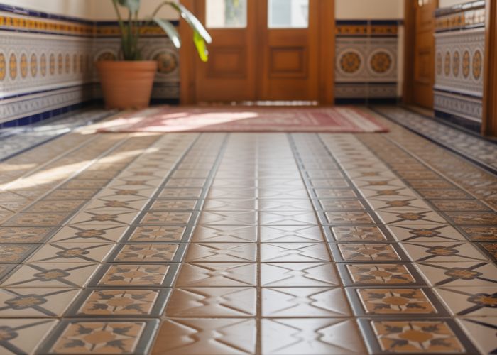 Close-up of Spanish tile flooring in a sun-drenched hallway, highlighting intricate patterns and warm colors.
