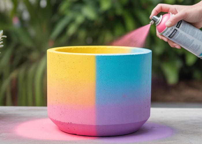 DIY Concrete Planter Being Spray Painted with Pastel Colors