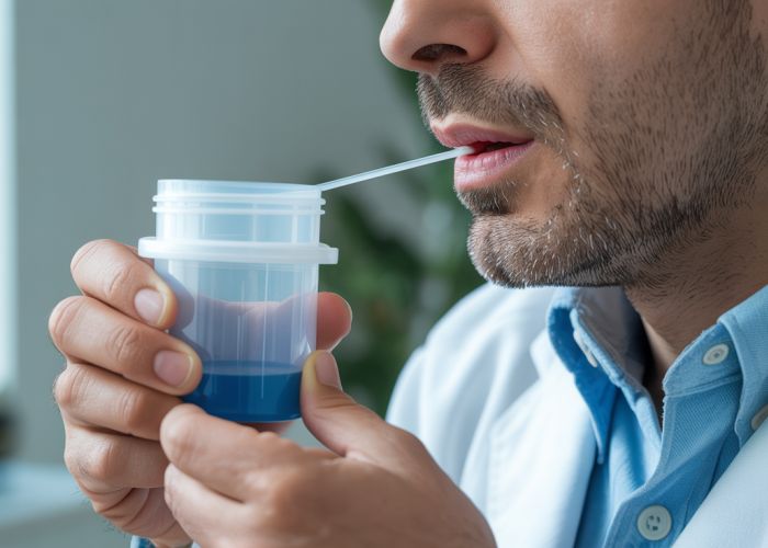 Patient holding sterile sputum collection container demonstrating proper coughing technique.