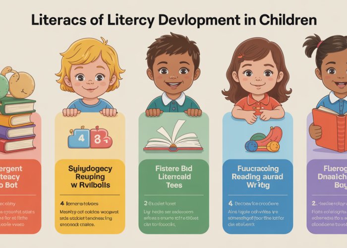 Infographic showing the stages of literacy development, including emergent literacy, alphabetic principle, consolidating, and fluent reading.