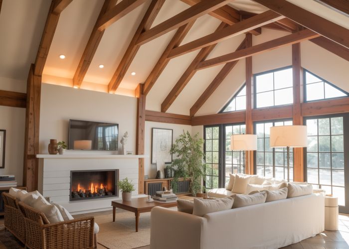 Stained cypress beams add warmth and character to a modern farmhouse living room.