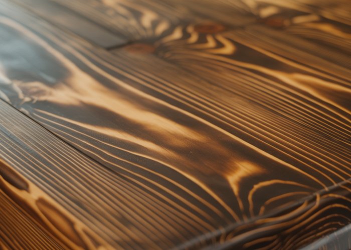 Close-up of stained pine wood showing grain and warm color.