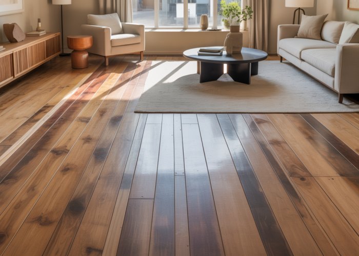 Living room with stunning stained plywood floors, featuring a modern rug and neutral furniture.