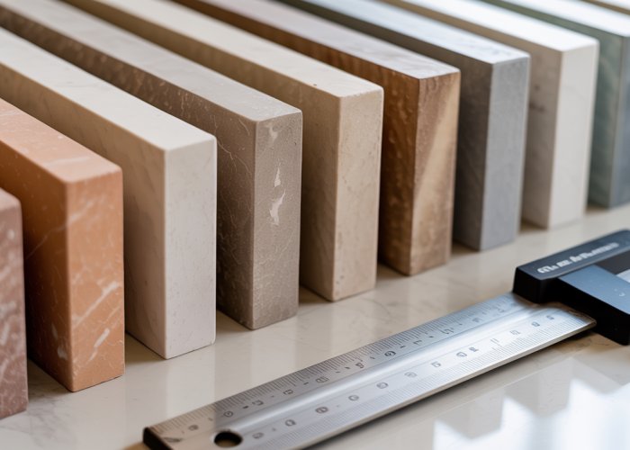 Comparison of standard tile thicknesses, showing various measurements with a ruler.