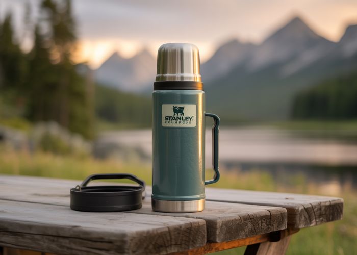 Stanley thermos with lifetime warranty, photographed against a scenic outdoor backdrop.