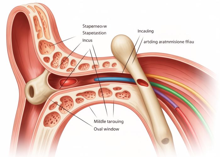 Anatomical illustration of the stapes in the middle ear, showing its connection to the incus and oval window.