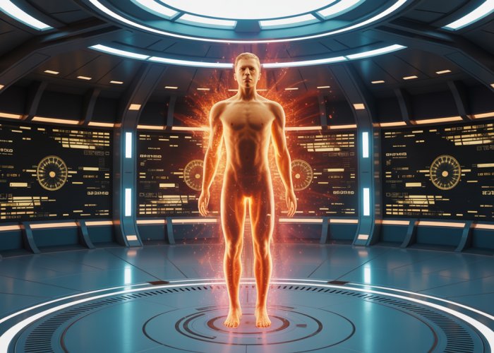 A person being teleported using Star Trek technology, with shimmering particles forming and reforming around them.