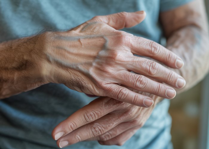Hands showing potential signs of muscle atrophy and nerve damage, possibly related to steroid use.