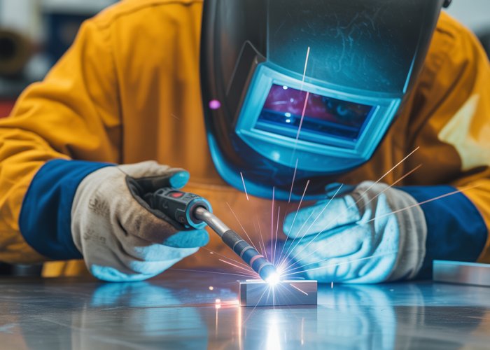 Welder performing stick welding on aluminum, showing arc and protective gear.
