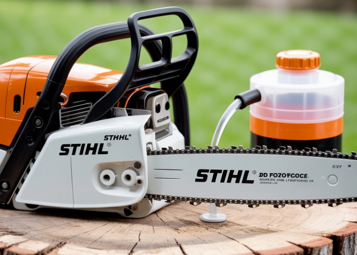 Mixing two-stroke fuel for a Stihl chainsaw, demonstrating the correct fuel to oil ratio.