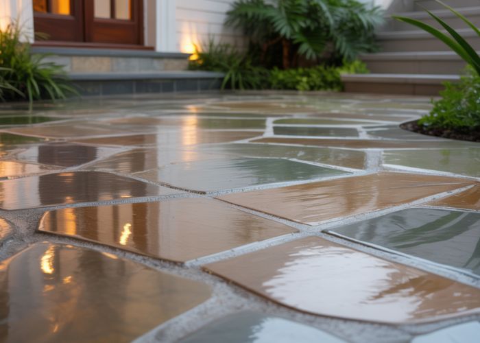 Close-up of natural stone patio flooring showing texture and color variations.