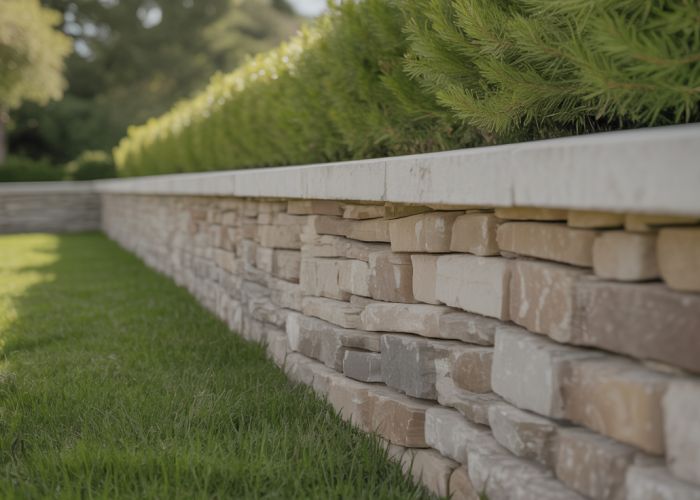 Stone wall bordering a garden; considering the cost of stone wall construction