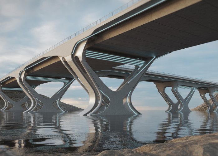 Futuristic bridge design with advanced materials and engineering