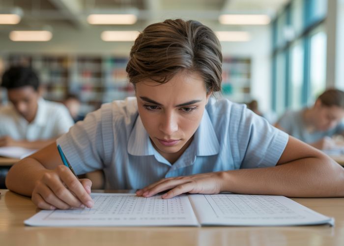 Student deeply concentrating on solving a complex math problem in the library.
