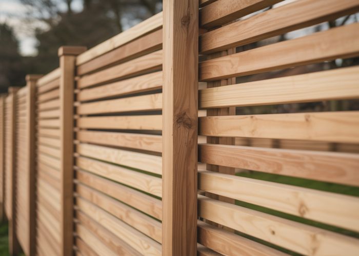 Close-up of sturdy wooden fence slats, new construction.
