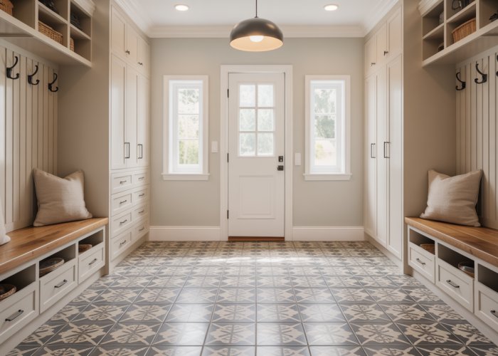 Mudroom with patterned tile floor, built-in bench, and organized storage.