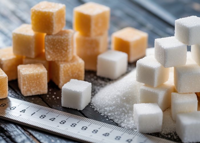 Close-up of sugar cubes with a ruler, showing dimensions for baking and dietary considerations.