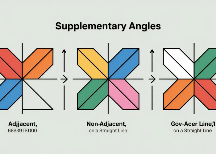 Illustration showing examples of supplementary angles, where two angles add up to 180 degrees.