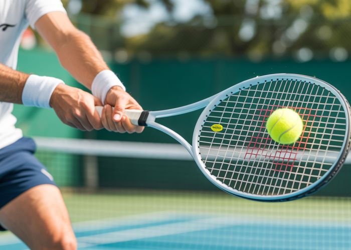 Tennis player hitting the ball on the sweet spot of a tennis racquet.