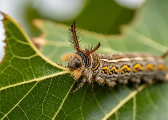 Sycamore moth caterpillar chewing on a sycamore leaf, showcasing its unique colors and patterns.