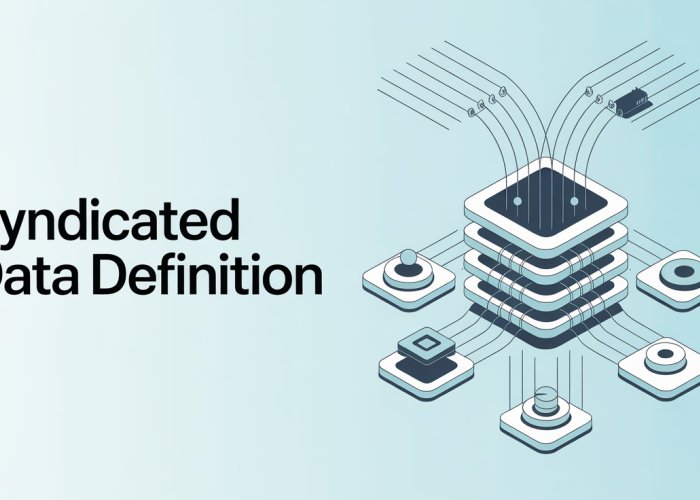 Visual representation of syndicated data definition, showing data flowing from various sources into a central, organized database.