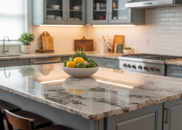 Modern kitchen with elegant synthetic granite countertops.