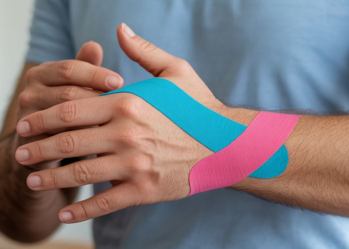 Hand with De Quervain's Tenosynovitis supported with therapeutic tape.