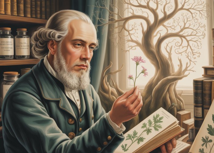 Portrait of Carl Linnaeus, the father of modern taxonomy, surrounded by illustrations of plants and animals.