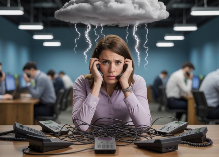 Frustrated customer experiencing telecom issues, highlighting the need for churn management.