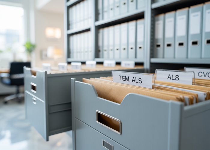 File cabinet organized with labels for TEM, ALS, and CVG documents.